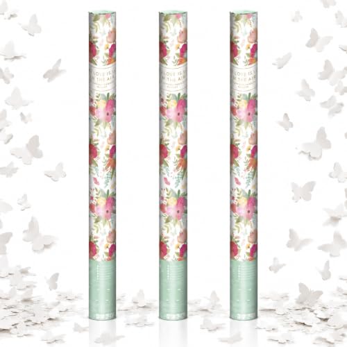 Cañón Confeti Boda, Cañón para fiestas y eventos, Fáciles y Seguros de Usar, Apto para bodas, eventos, celebraciones, Uso interior y Exterior, Diseño Mariposas Blancas, 60 cm, Pack de 3 unidades