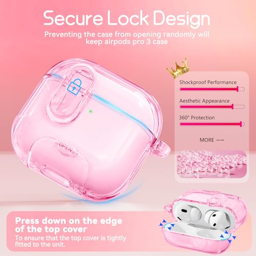 Image of for AirPods Pro 3 Case 2025 with Safety Lock,Clear Pink | Clear Case with Phone Stand & Cleaner Kit,Cute Floral Chain for Women Girls,Soft TPU Protective Cover,Shockproof
