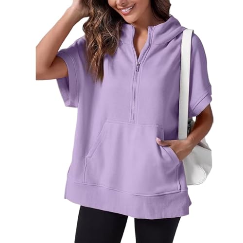 Sweat demi-zip oversize à manches courtes violet pour femme L