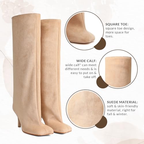 CYNLLIO Suede Boots Knee High Boots Women Square Toe Stiletto Heel Tall Boots Wide Calf Long Boots Heeled Slouchy Boots Winter Boots Warm Walking Office Shoes3