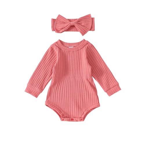 Image of Karwuiio Newborn Baby Girl Fall Outfits Long Sleeve Ribbed Knit Jumpsuit Romper with Headband Infant Clothes Sets