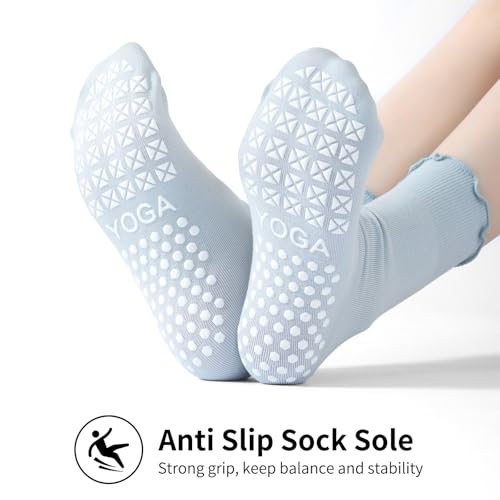 3 Pairs Pilates Socks for Women, Non-slip Grips Yoga Socks Ruffle Cuff for Ballet Barefoot Workout Socks4