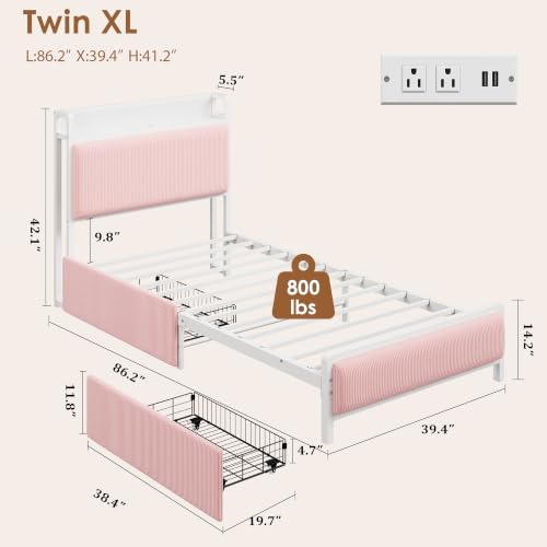 Image of GAOMON Twin XL Bed Frame with 2 Drawers and Charging Station, Pink