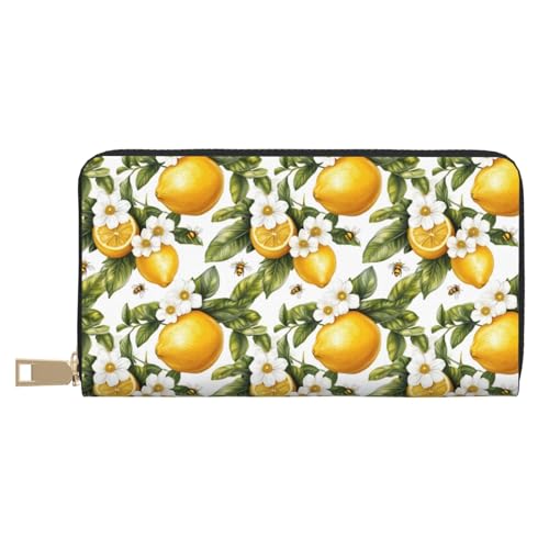 Leather Thin Slim Wallets for Women & Men - Bee and Lemon Print Card Wallet Holder with Zipper