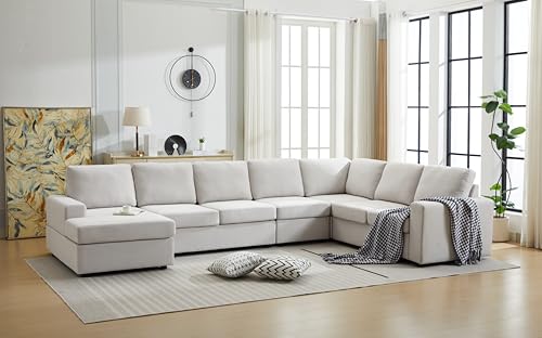 Image of Ball & Cast 147 inch L-Shaped Sectional Couch for Living Room with Reversible Chaise & Removable Back Cushions,7 Seat Linen Upholstered Convertible Sectional Sofa Set,DIY Combination,for Home,Office,Beige