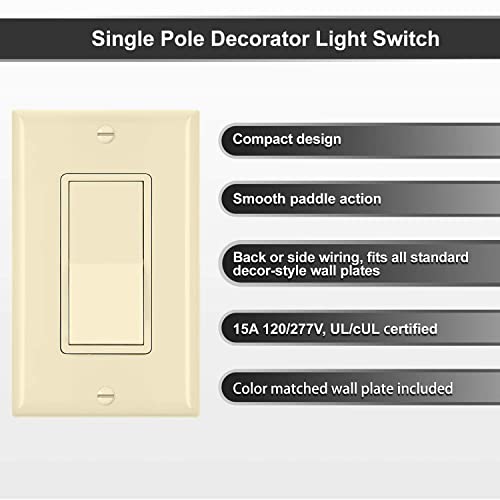 [10 Pack] Bestten Ivory Single Pole Decorator Wall Light Switch With Wallplate, 15A 120/277V, On/Off Rocker Paddle Interrupter, Ul Listed #TOP1