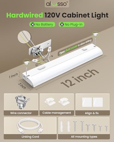 Image of ALUSSO 12 Inch LED Under Cabinet Lighting Hardwired 120V, 5CCT Color Selectable 2700K-5000K Dimmable 6W 480LM High Brightness, CRI 90+ Strip Linkable Under Counter Lights for Kitchen Sink, 1 Pack