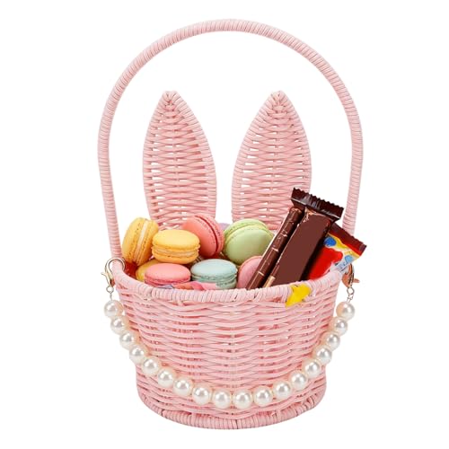 Cocoarm Cesta de Conejito de Pascua, Cesta de Oreja de Conejo Tejida de Ratán PP con Asa, de Huevos de Pascua Rosa para Boda de Picnic de Dulces