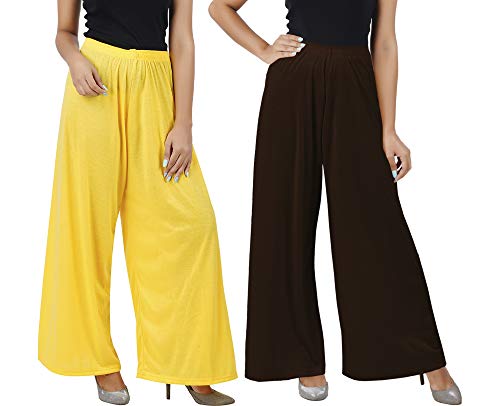 Image of Buy That Trendz M to 4XL Cotton Viscose Loose Fit Women M to 6XL Flared Wide Leg Palazzo Pants for Yellow Chocolate Brown 2 of Pack Combo XXX-Large