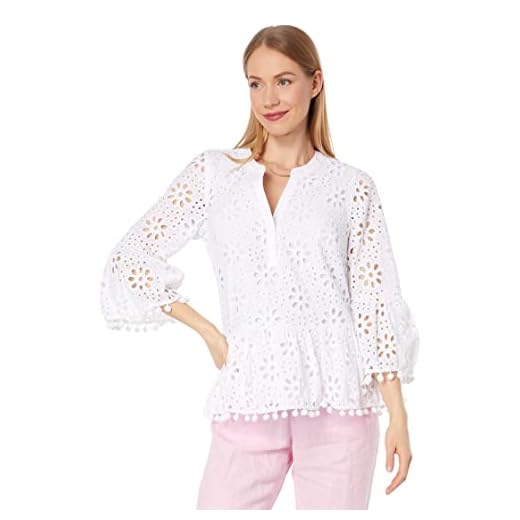 Lilly Pulitzer 3/4 Sleeve Bekah Eyelet Top Resort White Funflower Eyelet XL