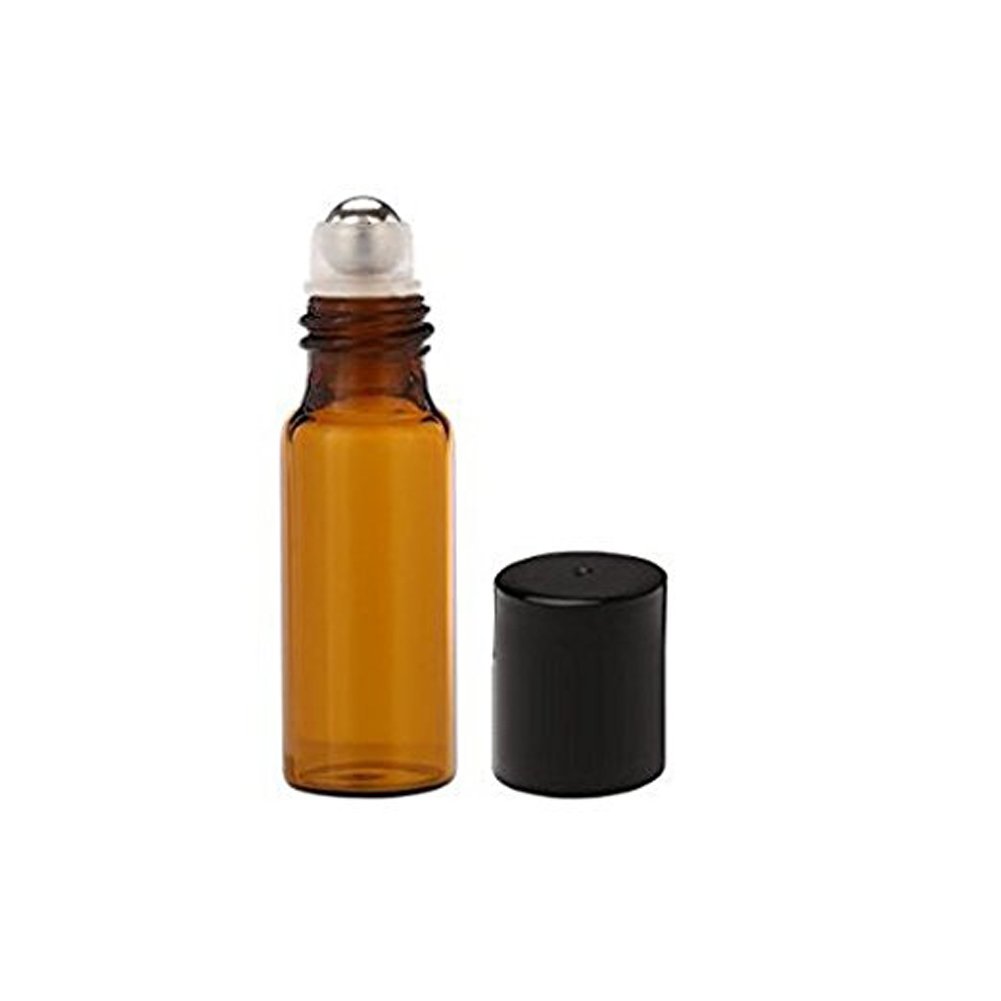 12Pcs 5ml Amber Empty Glass Roll-on Bottles with Stainless Steel Roller Balls and Black Cap for Essential Oil Perfumes Lip Balms