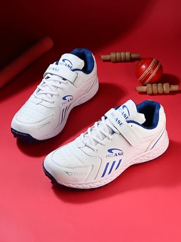 Image of Pro ASE Lightweight Cricket Shoes - Durable & Comfortable | Ideal for Turf, Ground & Hard Surfaces | Allrounder Design with Studs, Velcro & Superior Grip | White, Blue, Grey