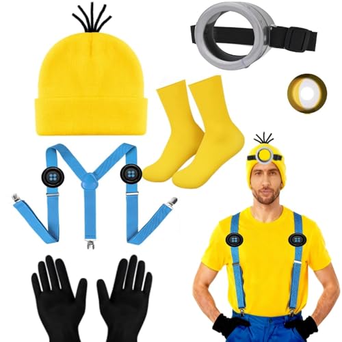 Humairc Jaune Costume Lunettes Kits Deguisement Halloween/Carnaval Costume Carnaval/Halloween/Cosplay Accessoires Cosplay pour Femme Homme - Lunettes Goggles Chapeau Gants Chaussettes Bretelles
