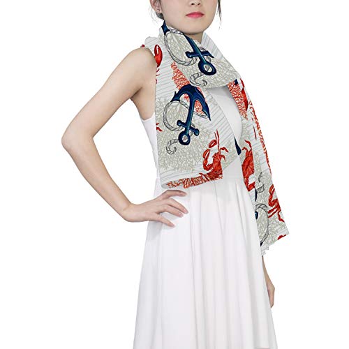Navy Blue Red Lobster Corals Reef Seamless On White Women Long Silk Scarf, Shawl Chiffon Large Stole Headscarf, Lightweight Sunscreen Satin Scarves Wraps for Wedding Party Gift3