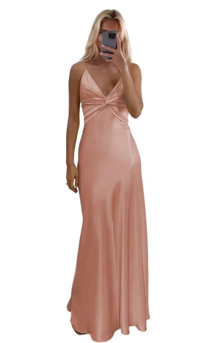 PUXIU Women's Satin Bridesmaid Dresses 2025 with Slit for Women Mermaid Formal Dresses PUS067
