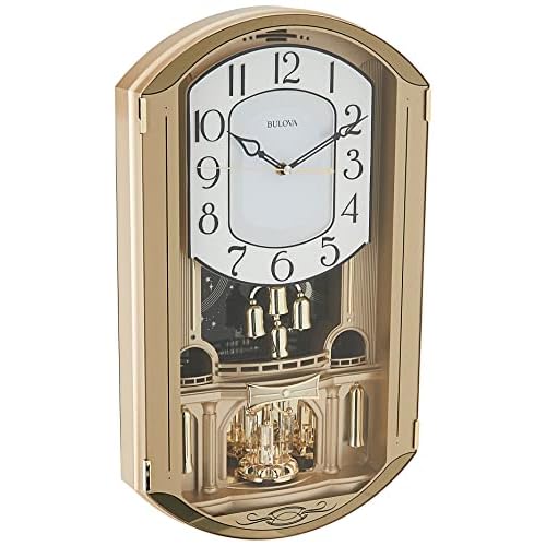 Bulova C4900 Golden Music Wall Clock | Gold-Tone Case with Rotating Crystal Pendulum | 12 Melodies | Adjustable Volume | Night Shutoff