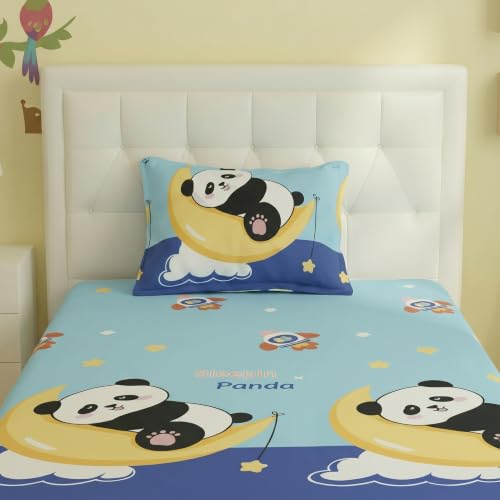 Image of Filymore Single Fitted Bedsheet with 1 Pillow Cover | Cloud Panda Bedsheet Black & Blue | 240 TC Soft Microfiber Bed Sheet for Single Bed | Comfortable, Breathable & Durable Bedding Set 72x36 inches.