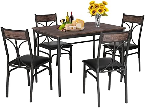 VECELO5 Piece Kitchen Table Set for Dining Room,Dinette,Breakfast Nook,Industrial Style, Seating for Four, Brown