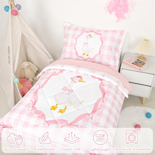 Image of Goose Toddler Bedding Set, 4 Piece Cute Pink Toddler Bed Set for Girls Boys, Soft & Cozy Baby Girl Bedding Including Comforter, Fitted Sheet, Flat Top Sheet and Envelope Pillowcase