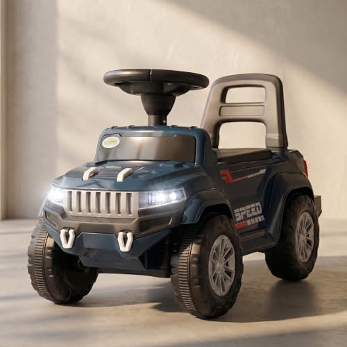 Image of Baybee Speedy Baby Ride on Car for Kids | Portable Kids Car with LED Lights, Music & Storage Basket | Push Toy Cars with High Backrest | Toddler Rideons Jeep for 1 to 3 Years Boys Girls (Navy Blue)