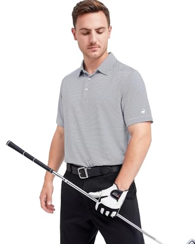 Image of Mens Golf Shirt Moisture Wicking Dry Fit Performance Sport Short Sleeve Striped Golf Polo Shirts for Men