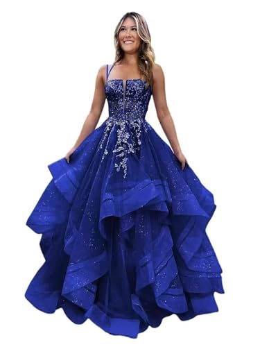 Tiered Tulle Prom Dresses Strapless for Women Lace Appliques Formal Dress Spaghetti Straps LW085
