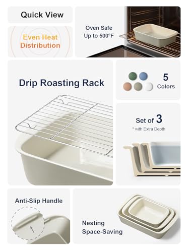 Image of LE TAUCI Deep Casserole Dishes for Oven, 13.7 inchx9.6 inch Ceramic Baking Dish Set with Roasting Racks, Large Lasagna Pans with Handles, Rectangular Bakeware as Gift for Mom, Oatmeal Greige (4.6QT /3.0QT /1.6QT), Set of 3