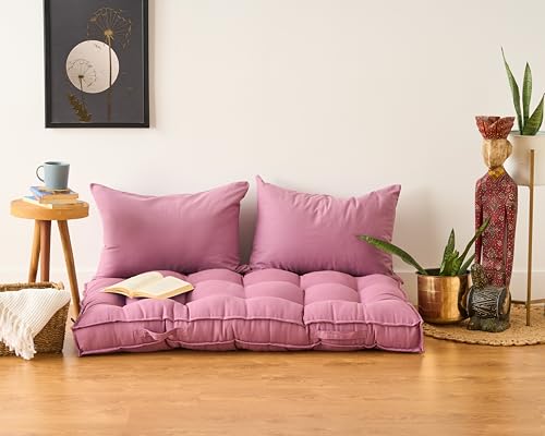 Image of Skanda Fab Low Seating Cushion -100% Cotton Twill, Hand-Plotted Microfiber Filling, Floor Cushion with 2 Back Support Cushions - Ideal for Living Room, Balcony, Lounge- 80x120 Lilac Purple (Pack of 1)