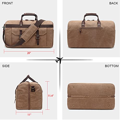 Duffle Bag for Men Waterproof Genuine Leather Canvas Travel Duffel Bags for Women Overnight Weekender Bag for Traveling, Brown