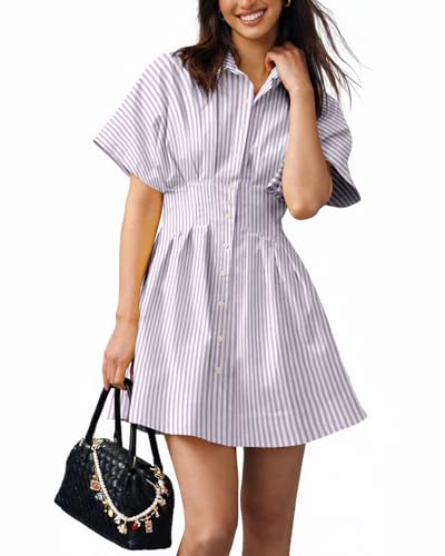 Shy Velvet Women's Mini Shirt Dress Button Down Short Sleeve Collared Dress