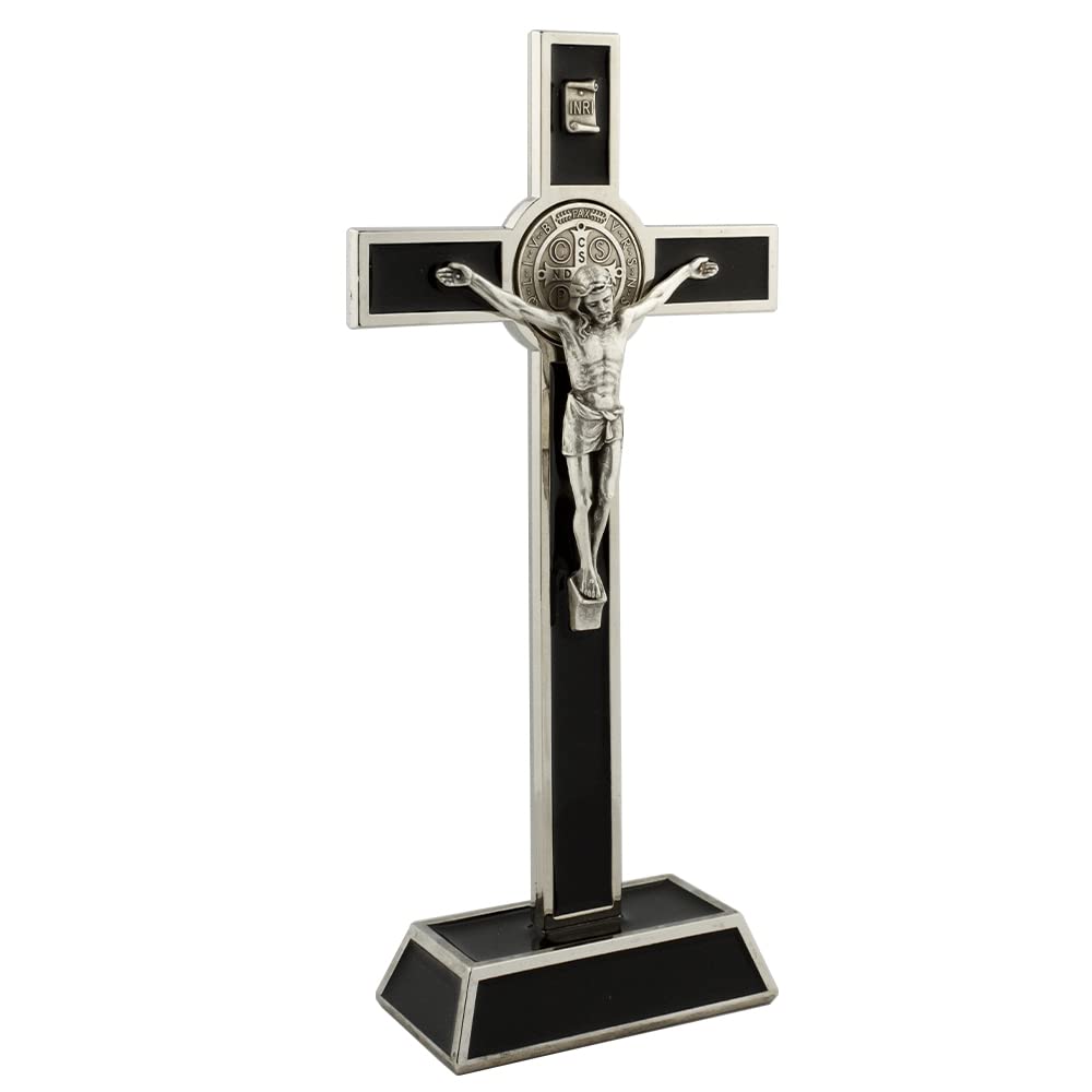 Standing Saint Benedict Medal Crucifix | Patron Saint of Students and Europe | Catholic Home Décor | Great Gift for Baptism, First Holy Communion, and Confirmation (Silver-Tone and Black)