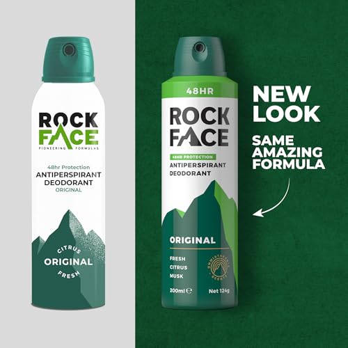 Rock Face Antiperspirant Deodorant for Men - Original Fresh Citrus Scent, 200ml Spray, 48 Hour Protection, Non-Staining