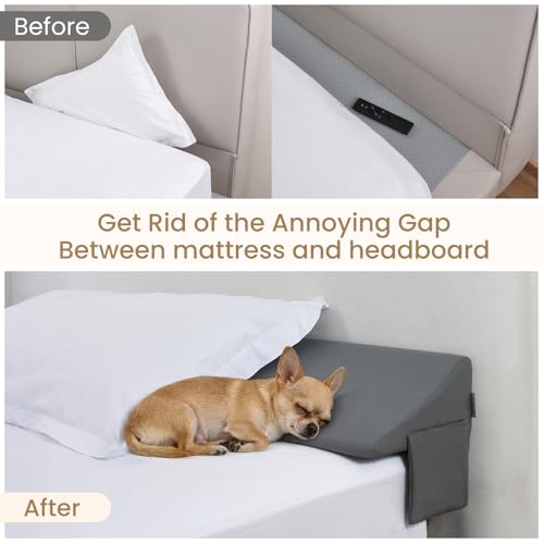 Image of Vekkia Queen Bed Wedge Pillow for Headboard Gap Filler (0-5.5 inch), Prevents Pillows & Items from Falling, High-Density Foam Mattress Gap Filler with Pockets, Removable Cover, Gray, 60 inchx10 inchx6.5 inch