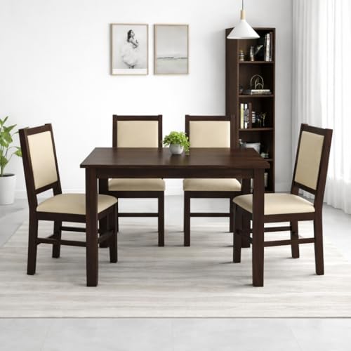 Image of SONA ART & CRAFTS Cresta Solid Sheesham Wood Dining Table Set of 4 Seater Dinner Dinning Table with 4 Cushion Chair Dining Furniture for Living Room Home Hotel Office Self Assembly (Walnut Finish)