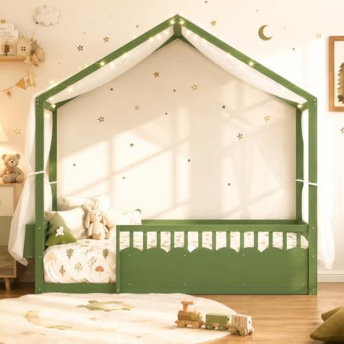 Image of Bellemave Twin House BedFrame with Canopy, Montessori House Bed with LED and Bookshelf and Rails for Kids, Green