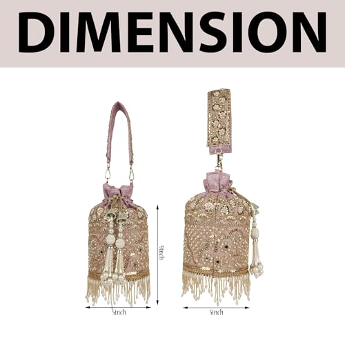 Image of Nevis Silk Fabric Designe Embroidered Potli Bag with Pearl Tassels & Beaded Strap | Bridal Ethnic Drawstring Clutch for Wedding