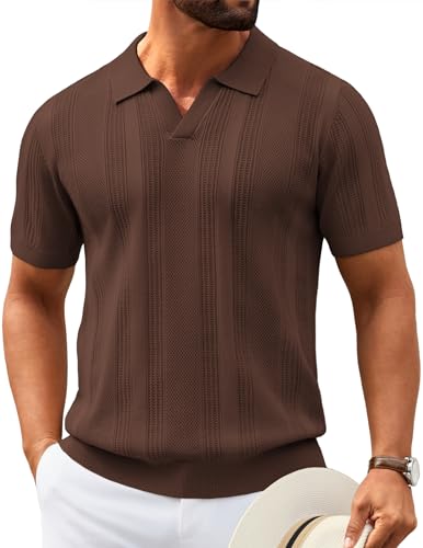 Image of COOFANDY Mens Knit Polo Shirts V Neck Textured Polo Shirts Short Sleeve Breathable Polo Casual Collared T Shirt Fashion Tops