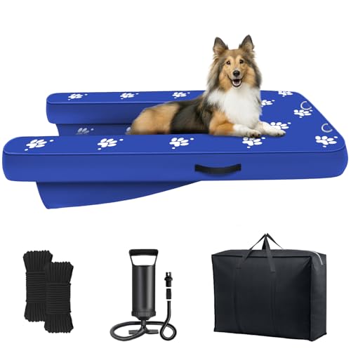 Inflatable Dock Platform Lagre Dog Boat Ramp Floating Non-Slip Oxford and PVC with Lagre Water Ramp for Dogs Pool Dock Lake with Traction Rope Manual Air Pump (4.5ft x 2.8ft x 6in) L01