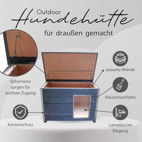 SunnyDogs Wetterfeste Holz-Hundehütte grau mit aufklappbarem Dach und 5cm dicken Wänden, 100x70x80 cm