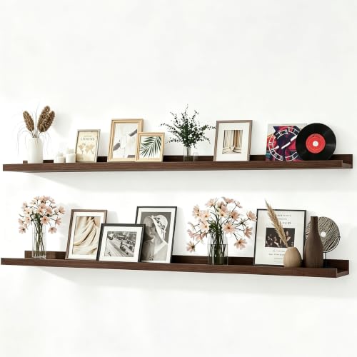 Image of Walnut Floating Shelves for Wall Decor, 60 in Shelf with Lip, 2 Set