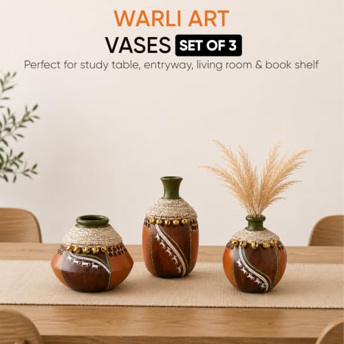 Image of Aakriti Art Creations Coco-F Jute Embellished Earthen Vases in Warli Art Set of 3 | Handcrafted Terracotta Flower Vases in Brown | Matte Finish Decorative Vases for Living Room, Table & Floor Decor