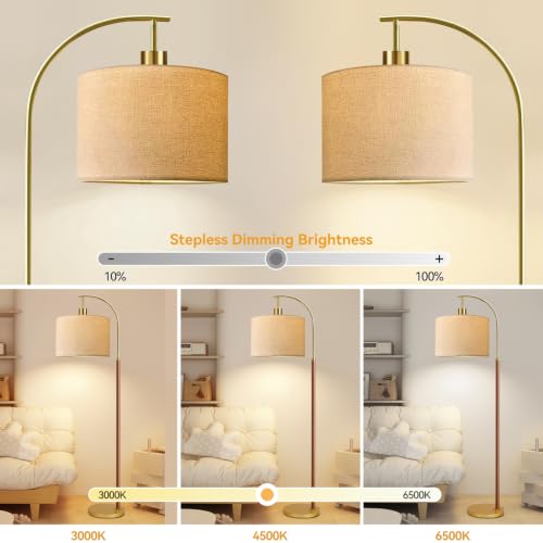 Image of Wood Floor Lamps for Living Room Arc Floor Lamp with Remote Control,Dimmable Farmhouse Floor Lamp Mid Century Modern Standing Lamp with 3 Color Temperature Tall Vintage Floor Lamp For Bedroom Corner