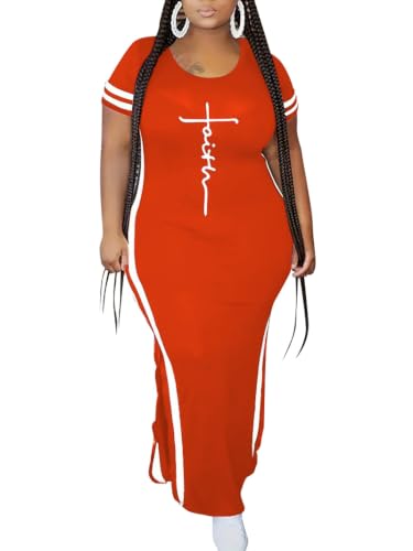 Image of PINSV Women Plus Size Maxi Dress Summer Short Sleeve Split Long Dress