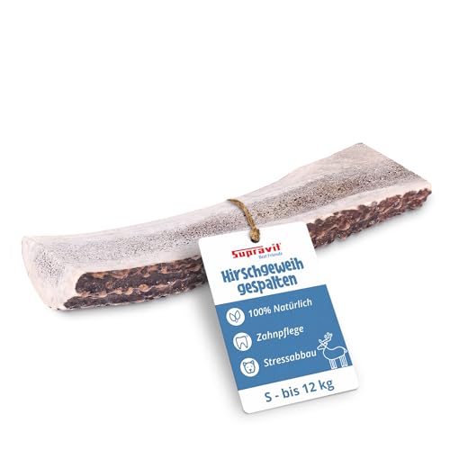 Supravit Gespaltenes Hirschgeweih für Hunde | 100% Rothirsch-Geweih | Natürlicher Kauknochen für Langanhaltende Beschäftigung | Spannendes Kauspielzeug | Nachhaltige Zahnpflege | S – Klein