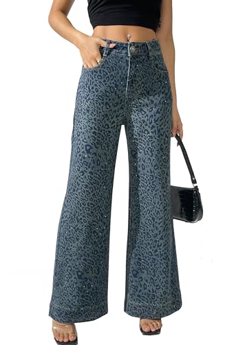 heipeiwa Women's Leopard Rhinestone Flare Jeans High Waist Bell Bottom Wide Leg Baggy Stretch Denim Pants