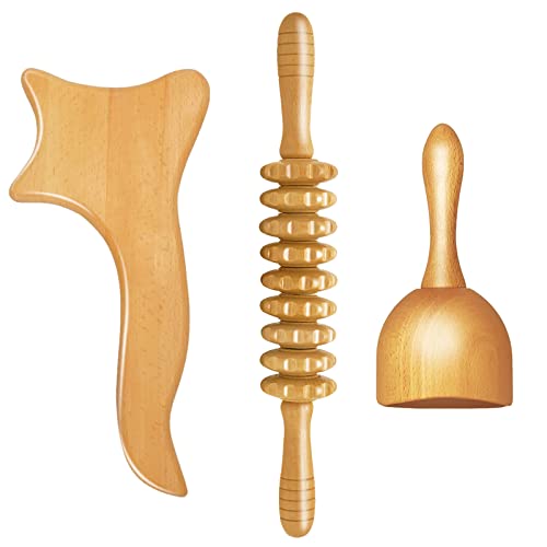 Set de 3 Maderoterapia Kit Masajeador Rodillo Anticelulitico de Madera Drenaje Linfático Gua Sha Masajeador para Cuello, Piernas, Espalda y Cuerpo Alivio del Dolor y Relajación Cover