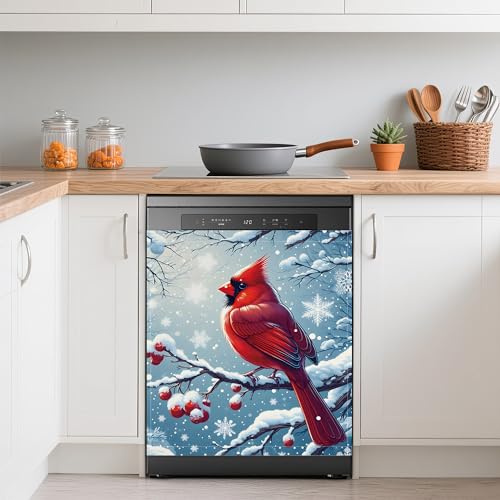 Image of Dishwasher Magnets Decorative Cover,Red Cardinal Refrigerator Magnet Cover,Washable Winter Berry Dishwasher Front Panel Cover Home Kitchen Decoration 23x26 Inch