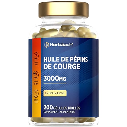 Huile de Pépin de Courge 3000mg | Pumpkin Seed Oil | 200 gélules | Huile de Graines de Citrouille | Pressé à froid et extra vierge | Horbaach