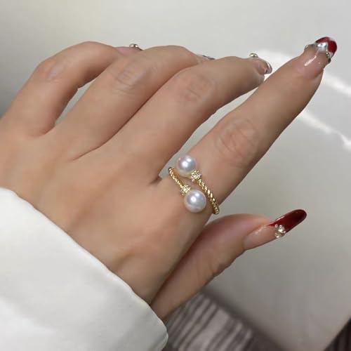 Double Pearls Open Twisted Band Statement Rings for Women Dainty Shiny CZ Large Round Pearl Adjustable Finger Wrap Ring Promise Engagement Wedding Party Stacking Expandable Fashion Jewelry Her2