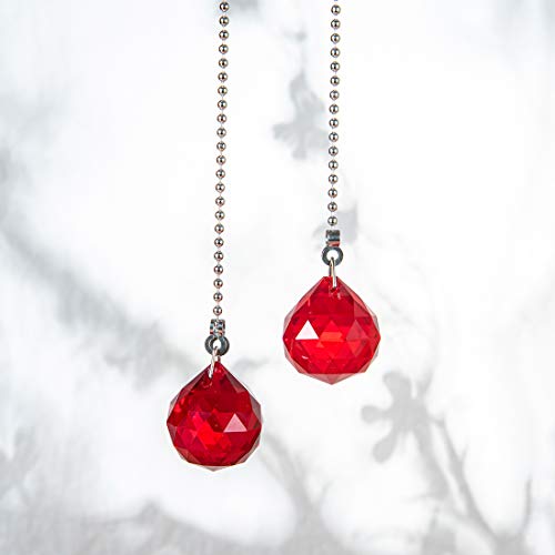 Image of Ceiling Fan Pull Chain, 2pcs 30mm Diameter Prism Ball Extension Chains with Decorative Light Bulb and Fan Cord (Red